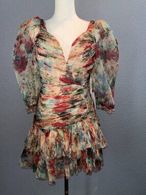 ROSEVELVET TULLE PLEATED RUCHED MINI DRESS ORANGE FLORAL SWEETHEART NECK NWT  M